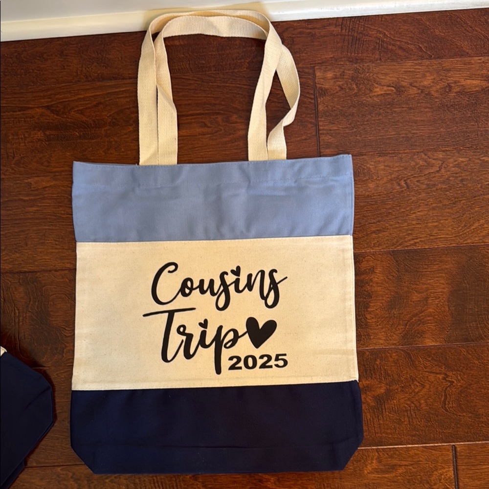 Cousins Trip 2025 Blue and Cream Tote Bag
